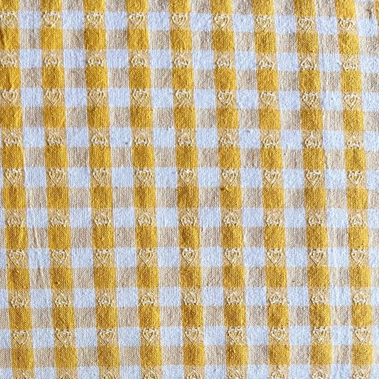 Baumwollstoff GELB mit weißen 10 mm KAROS und HERZEN, 140 cm breit, Vichy Karo Karostoff Kariert
