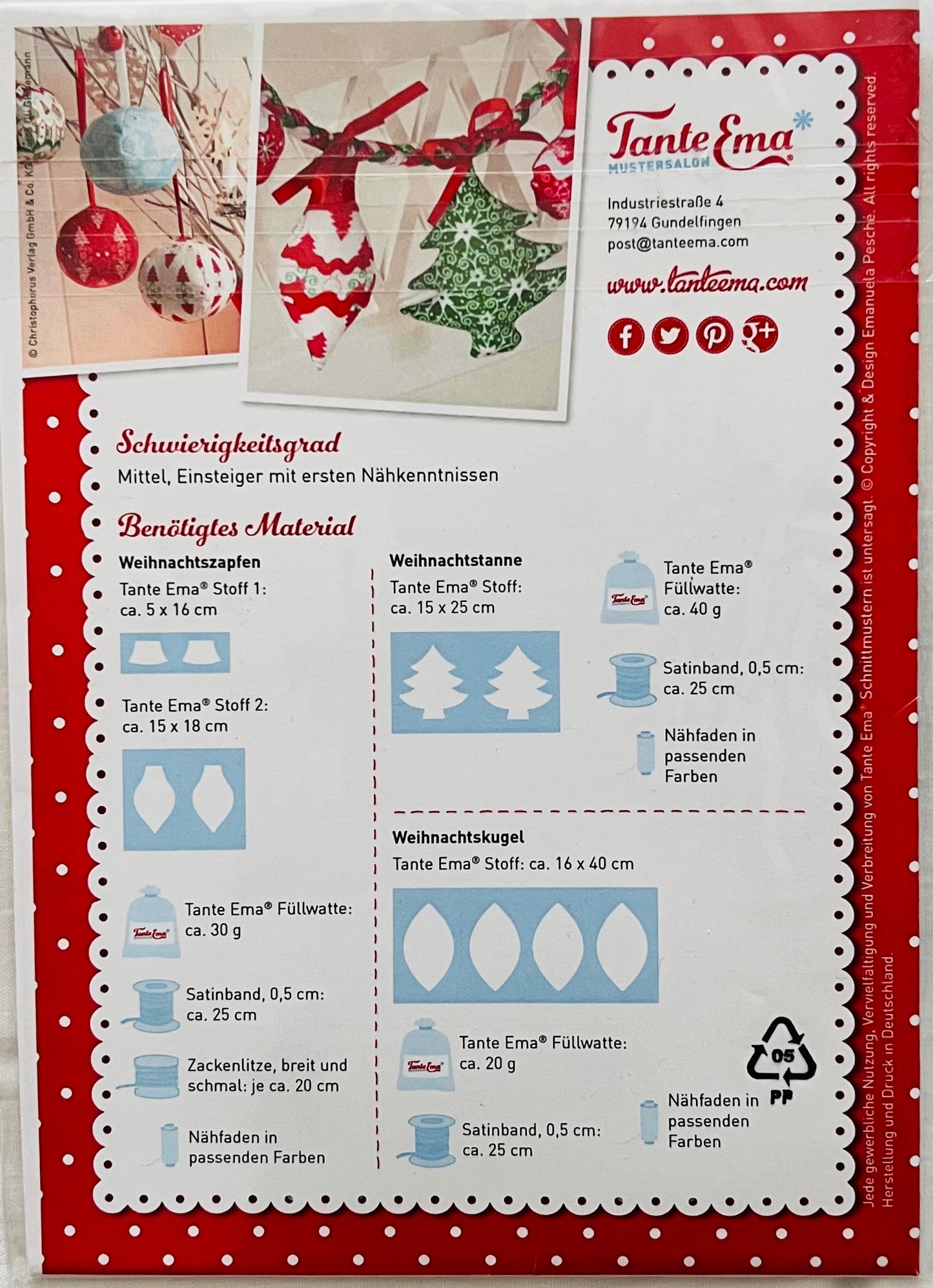 Tante Ema Schnittmuster - Kleines Nähglück Nr. 9: Weihnachtsanhänger Set 2 Kugel Tanne Zapfen