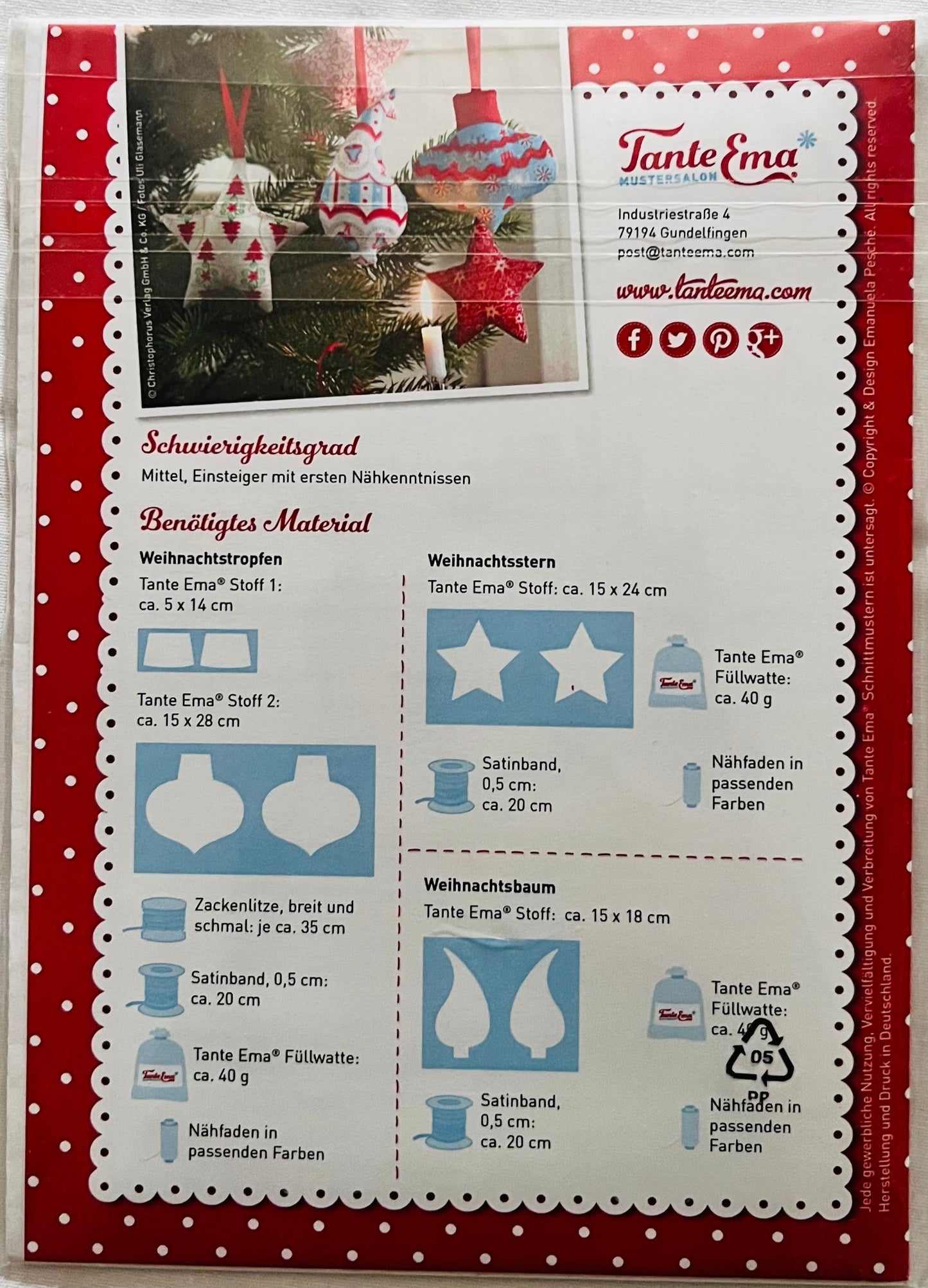Tante Ema Schnittmuster - Kleines Nähglück Nr. 8: Weihnachtsanhänger Set 1 Tropfen, Stern, Baum