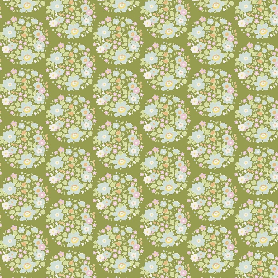Tilda Baumwollstoff Flower Nest Green aus der Bumblebee-Kollektion Blumenstoff Grün Rosa Hellblau Cremeweiß Goldgelb