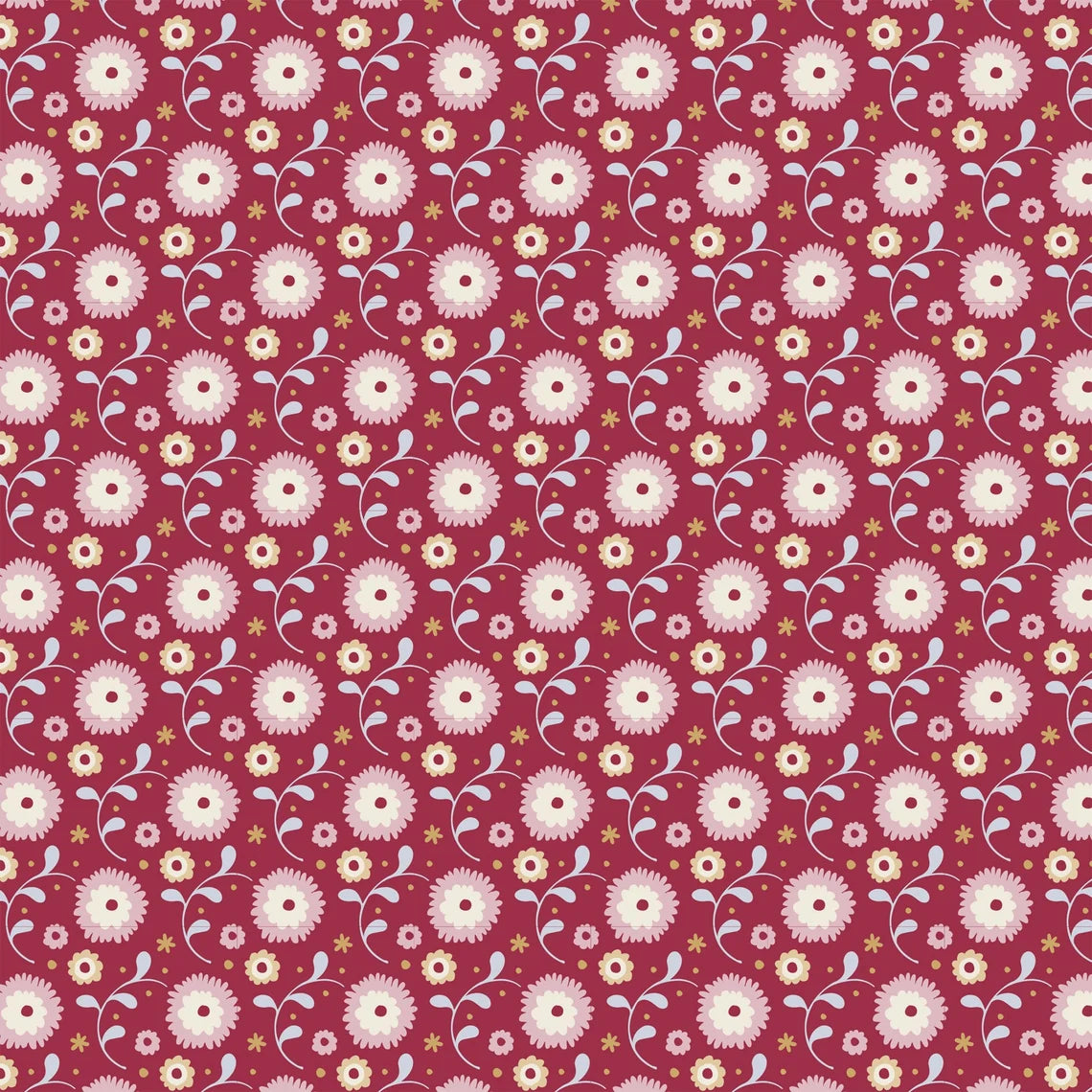 Tilda Baumwollstoff Susie Stone Red aus der limitierten Candy Bloom Kollektion Blumenstoff Rot Hellblau Rosa Gelb