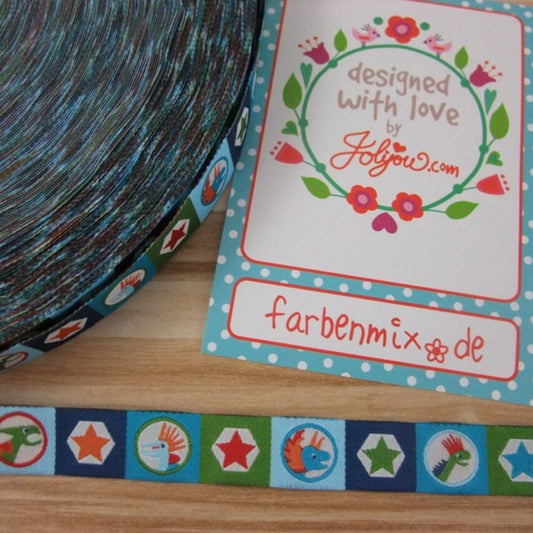 Webband DINOPUNKS von Farbenmix - Coole Dinos auf blau grünem Band