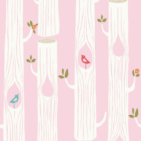 Birch Fabrics Biobaumwolle TREE STRIPES PINK zart gestreifter Natur-Look in rosa Bäume Vögel