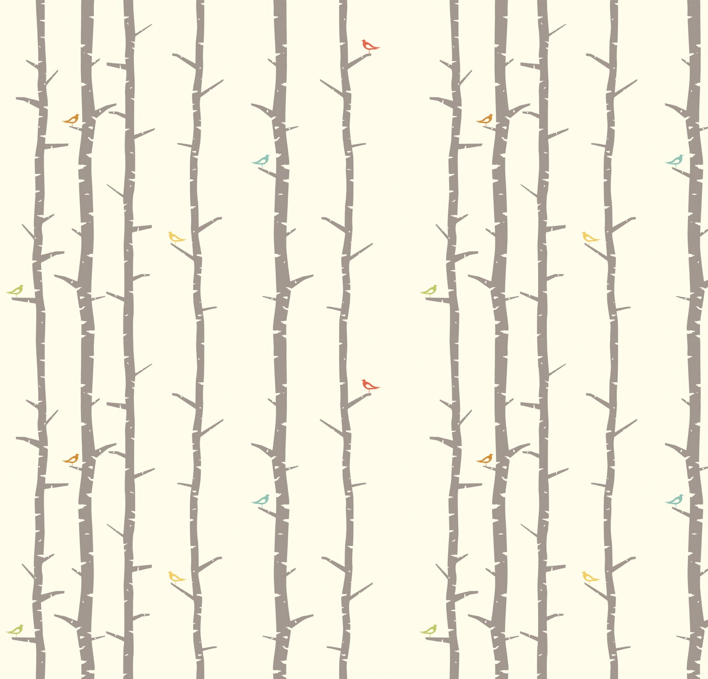 Birch Fabrics Biobaumwolle PERCH Natur-Look Bunte Vögel auf naturfarbenen Bäumen Cremeweißer Hintergrund