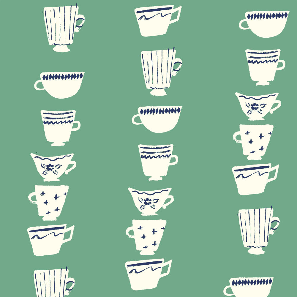 Birch Fabrics Biobaumwolle HIGH TEA POND Popeline Verspieltes Teestunden-Design Teetassen in Blaugrün