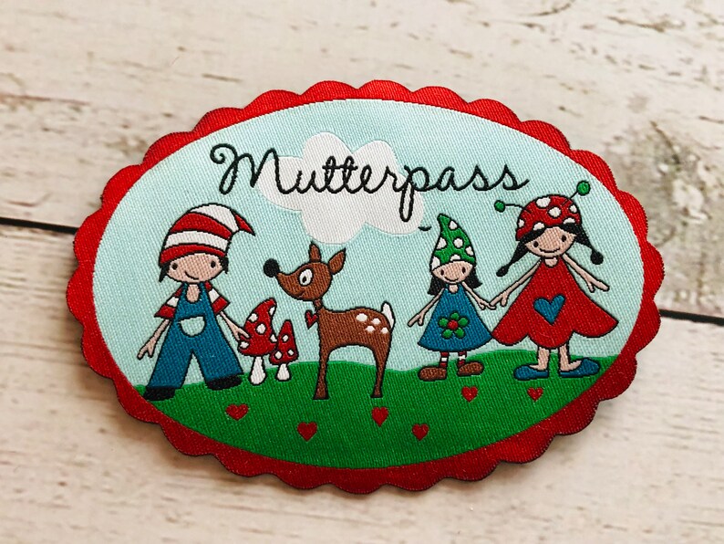 Webetikett Aufnäher Patch Mutterpass Zwergenwiese von Janeas World 7 x 9 cm