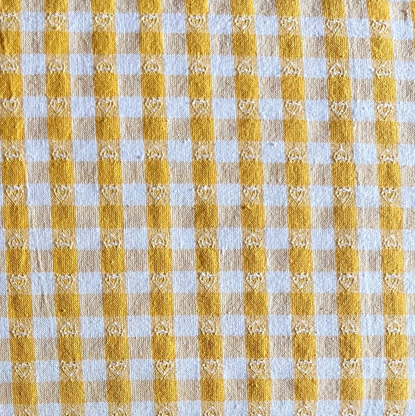 Baumwollstoff GELB mit weißen 10 mm KAROS und HERZEN, 140 cm breit, Vichy Karo Karostoff Kariert