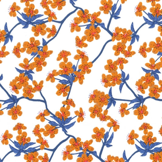 AU MAISON Wachstuch Amalie White Orange Blue Kirschblüten orange blau, beschichtete Baumwolle