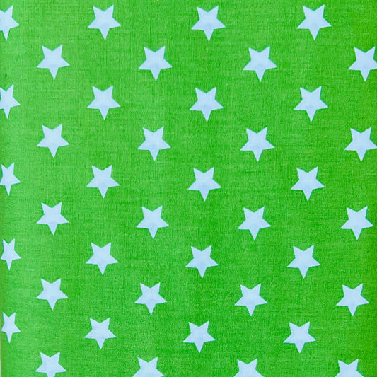 Tissu en coton VERT CLAIR avec ÉTOILES BLANCHES 15 mm, 140 cm de large, tissu étoile