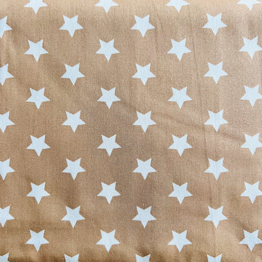 Tissu en coton BEIGE avec des ÉTOILES blanches de 15 mm, largeur 140 cm, tissu étoiles