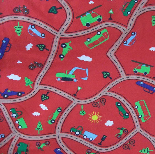 Tante Ema Jersey Brumbrum Kinderstoff in Rot mit Autos Fahrzeuge 210g/m² elastischer Baumwollstoff