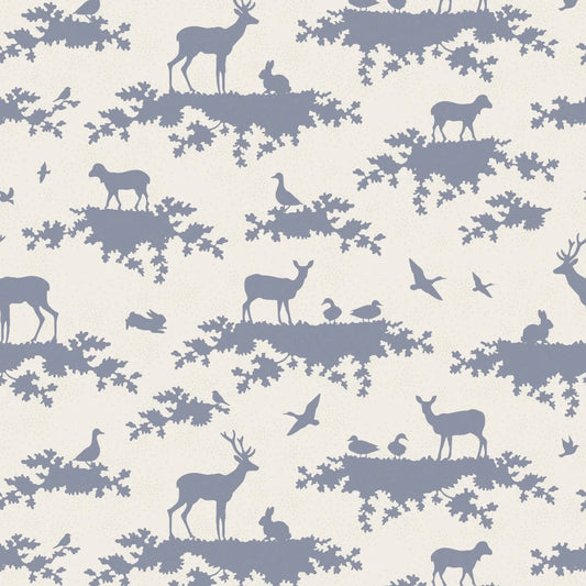 Tilda Baumwollstoff Forest Autumn Tree Blue aus der Woodland-Kollektion Cremeweiß Graublau Waldtiere