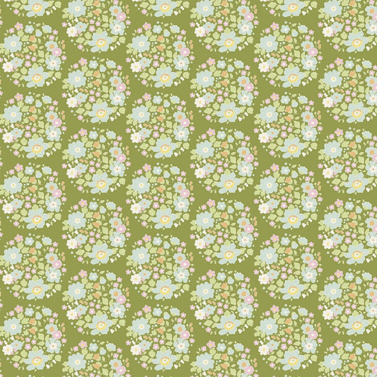 Tilda Baumwollstoff Flower Nest Green aus der Bumblebee-Kollektion Blumenstoff Grün Rosa Hellblau Cremeweiß Goldgelb