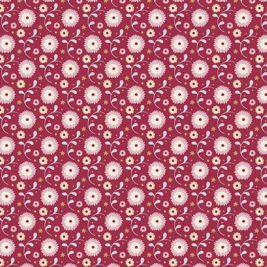 Tilda Baumwollstoff Susie Stone Red aus der limitierten Candy Bloom Kollektion Blumenstoff Rot Hellblau Rosa Gelb