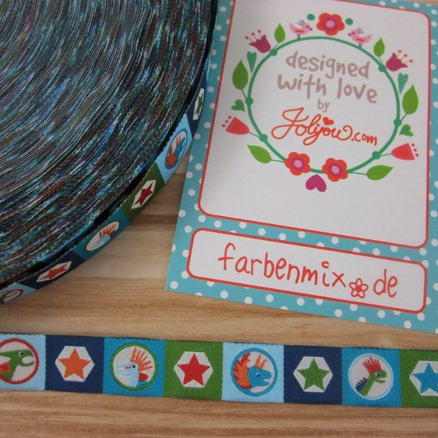 Woven ribbon DINOPUNKS by Farbenmix - Cool dinosaurs on a blue-green ribbon