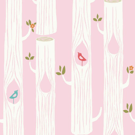 Birch Fabrics Biobaumwolle TREE STRIPES PINK zart gestreifter Natur-Look in rosa Bäume Vögel