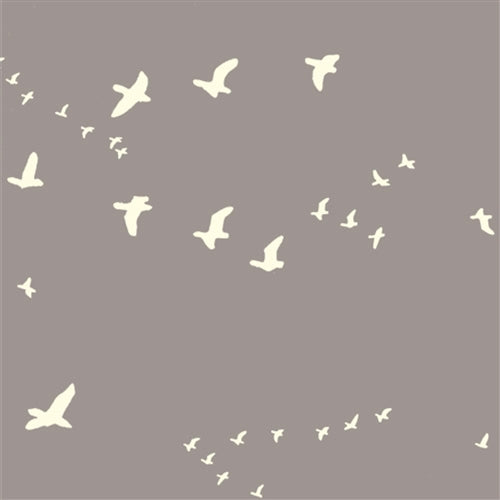 Birch Fabrics Bio-Baumwolle Popeline BEAR FLIGHT SHROOM  Vogelmuster auf taupefarbenem Hintergrund