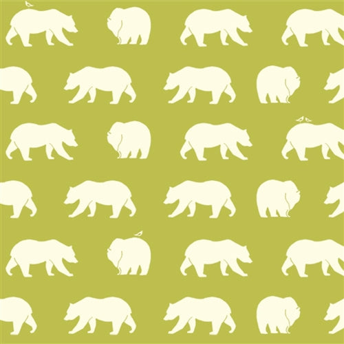 Birch Fabrics Biobaumwolle BEAR HIKE GRASS Popeline mit Bärenmotiv in Grün