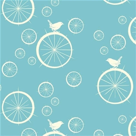 Birch Fabrics Biobaumwollstoff BIRDIE SPOKES POOL Popeline Geometrisches Muster mit Vögel in Poolblau