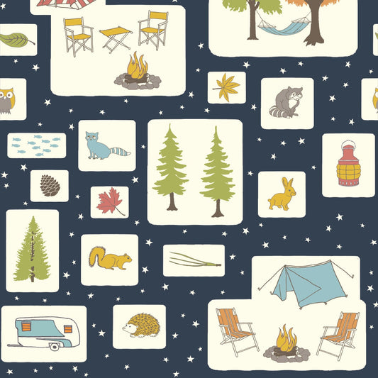 Birch Fabrics Biobaumwolle CAMPOUT BLOCKS petrol Naturmotiv Camping Wald Tiere