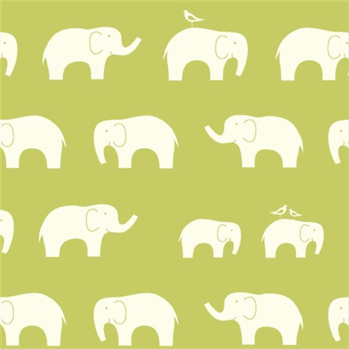 Birch Fabrics Biobaumwolle ELLIE FAM GRASS Popeline Fröhliche Elefanten in frischem Hellgrün