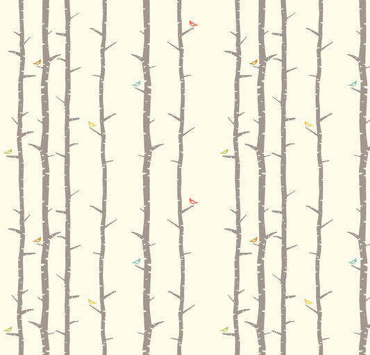 Birch Fabrics Biobaumwolle PERCH Natur-Look Bunte Vögel auf naturfarbenen Bäumen Cremeweißer Hintergrund
