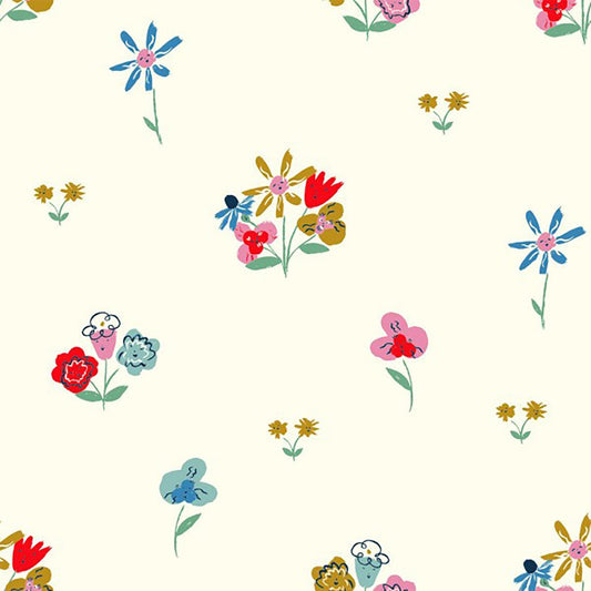 Birch Fabrics Biobaumwollstoff Wonderland GOLDEN AFTERNOON Blumenstoff Cremeweiß Rot Hellblau Gelb Grün