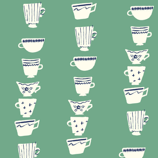 Birch Fabrics Biobaumwolle HIGH TEA POND Popeline Verspieltes Teestunden-Design Teetassen in Blaugrün