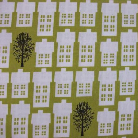 Copenhagen Print Factory cotton fabric VILLAGE GREEN – Scandinavian village idyll in green houses trees