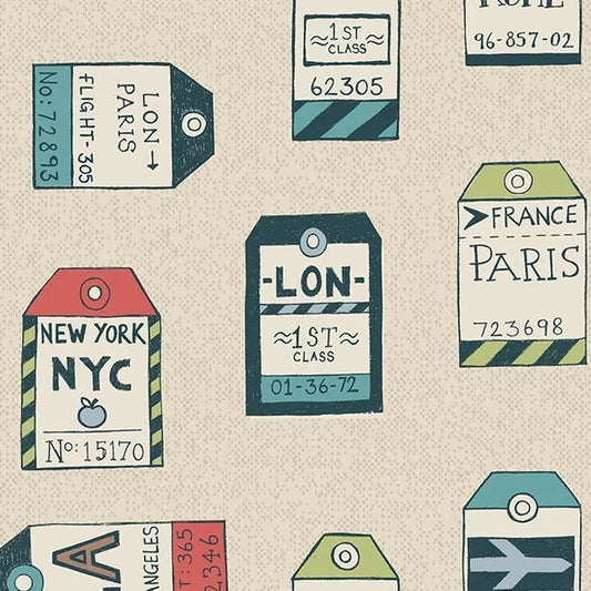 Fabric Freedom cotton fabric FX46 GLOBE TROTTER Globetrotter – luggage tag &amp; travel motifs on a sand beige background