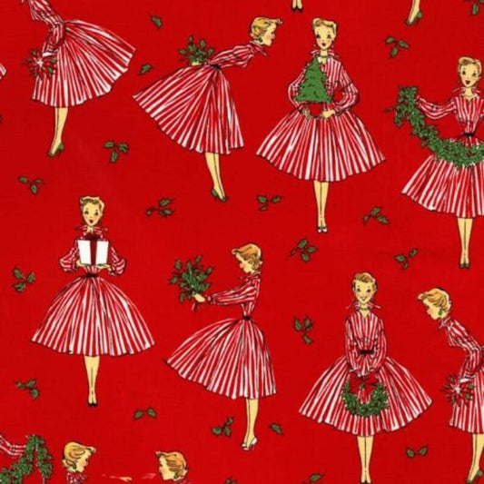 Michael Miller Baumwollstoff HOLIDAY HOSTESS Retro-Weihnachtsstoff mit Figurendruck in Rot