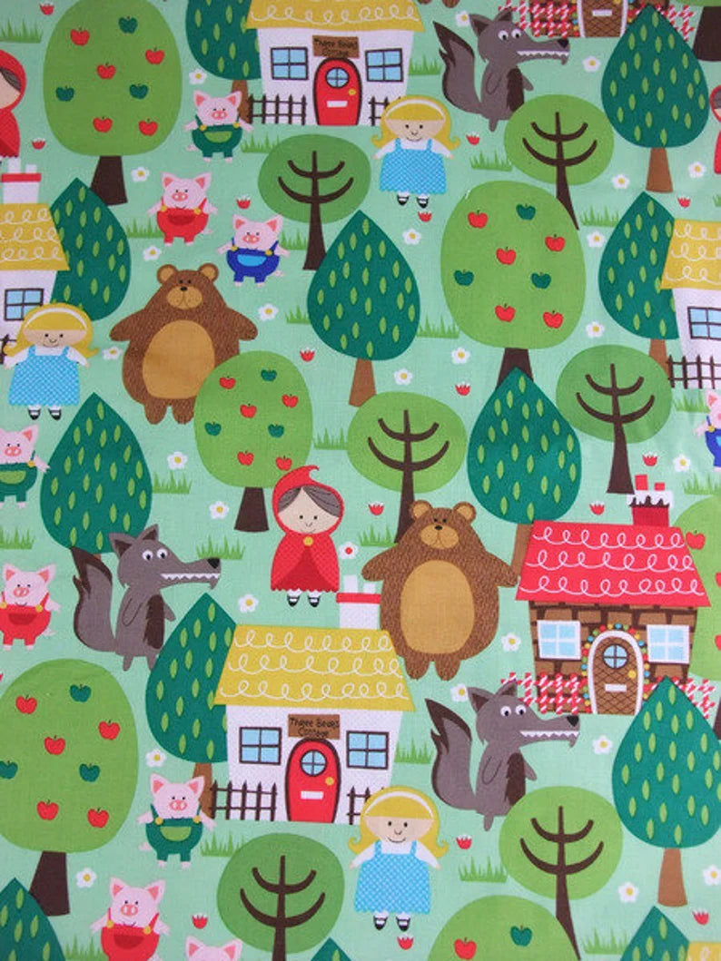 Michael Miller cotton fabric INTO THE FOREST fairytale forest fabric with Little Red Riding Hood, Goldilocks &amp; Co.