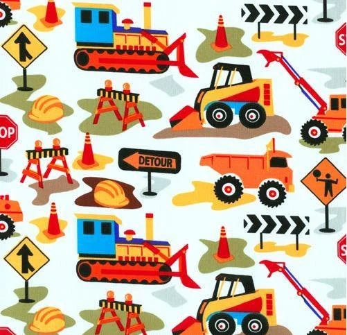 Michael Miller Baumwollstoff TOT TOWN DIG IT – Baufahrzeuge auf Weiß Baggerstoff