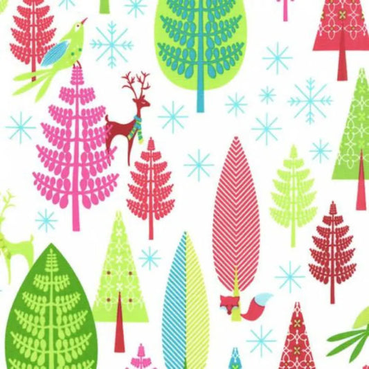Michael Miller Baumwollstoff WINTER WOODS GARLAND – Bunter Weihnachtsstoff mit Tieren & Tannen auf Weiß