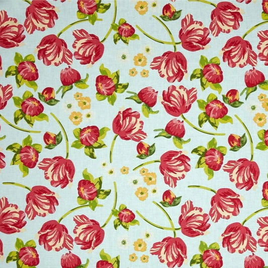 Riley Blake Baumwollstoff Floribella TULIPANY Hellblau – Tulpenpracht in Rosarot und Hellblau opulenter Blumenstoff