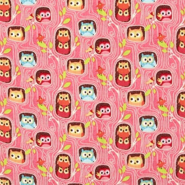 Riley Blake Cotton Fabric HAPPY FLAPPERS – Pink Owl Fabric Owls in Tree Holes
