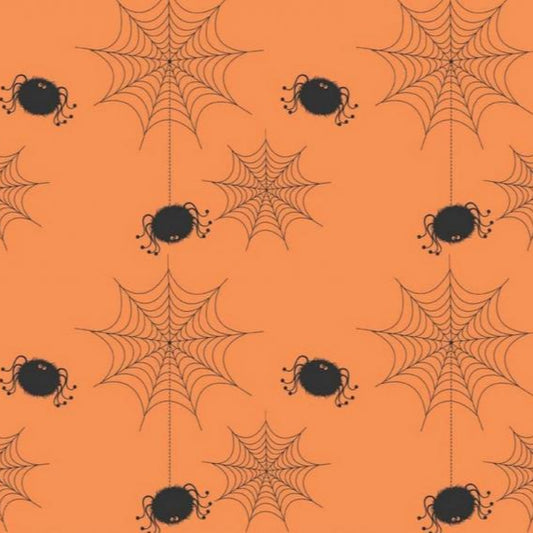Riley Blake Baumwollstoff HOLIDAY BANNERS ORANGE Halloweenstoff mit Spinnen und Spinnennetze