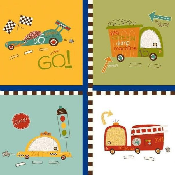 Riley Blake cotton fabric ON OUR WAY CARS – Colorful vehicle world in squares Car fabric Vehicle fabric