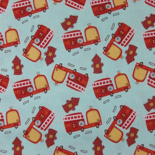 Riley Blake Baumwollstoff ON OUR WAY FIRE TRUCKS All-Over-Print mit Feuerwehrautos und Hydranten auf Teal