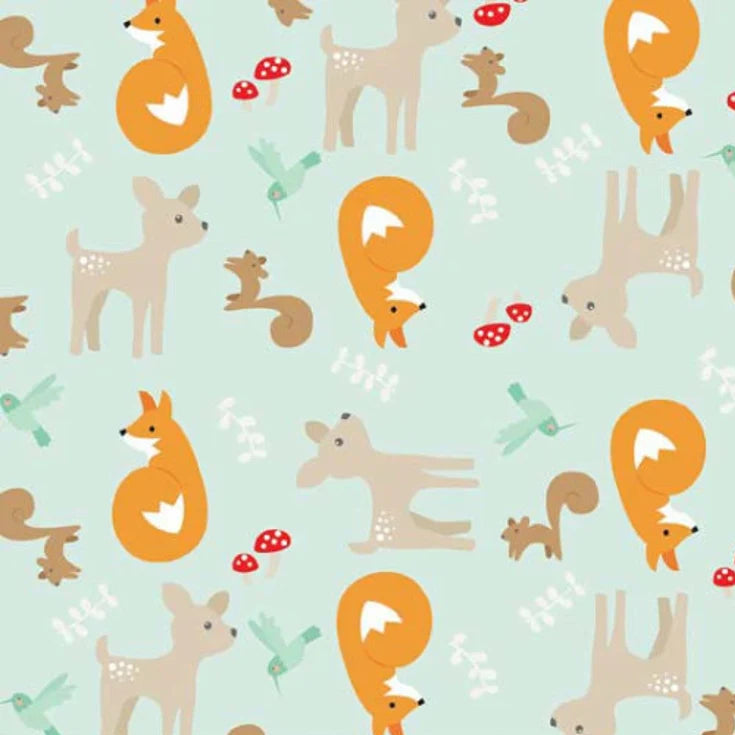 Riley Blake cotton fabric GOOD NATURED Main Mint - Nature motifs forest dwellers in mint beige orange