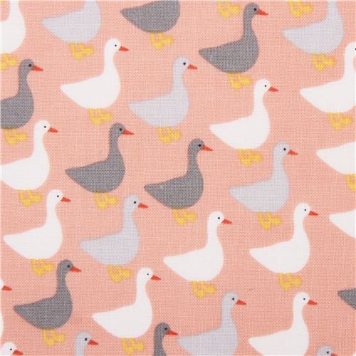 Robert Kaufman Baumwollstoff Urban Zoologie Minis GOOSE DUCK Peach Pink – Süßer Tierstoff mit Gänse und Enten in Apricot Rosa Grau