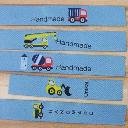 Webband HANDMADE Label Etiketten Bagger Baustelle in Blau von blaubeerstern