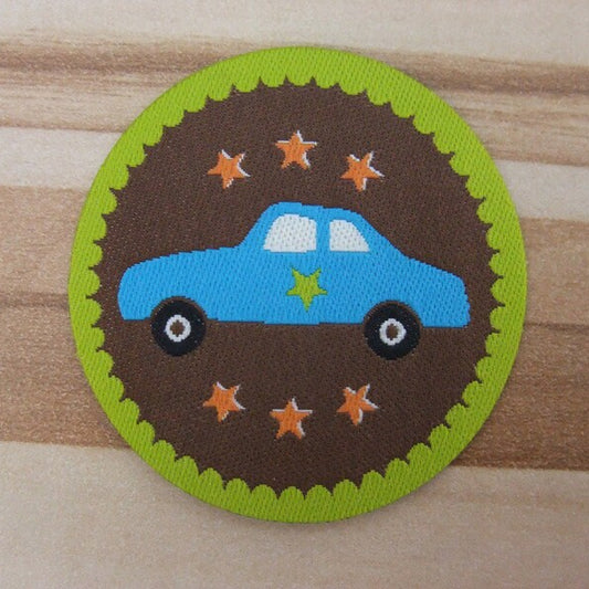 Webetikett Patch Aufbügler AUTO türkis/braun rund 44mm zum Aufbügeln oder Aufnähen von Casa Di Falcone