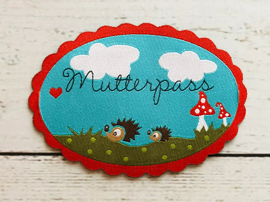 Webetikett Aufnäher Patch Mutterpass Glückspilz mit Igeln von Janeas World 7 x 9 cm